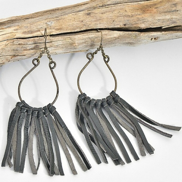 Artisan Leather Fringe Rustic Matte Earrings - Picture 7 of 7